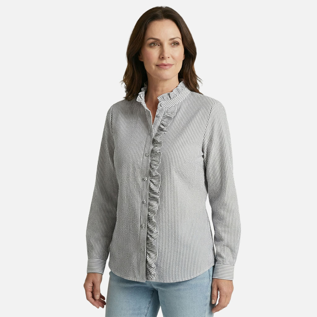 Women's Striped Cotton Seersucker Blouse with Ruffled Trim