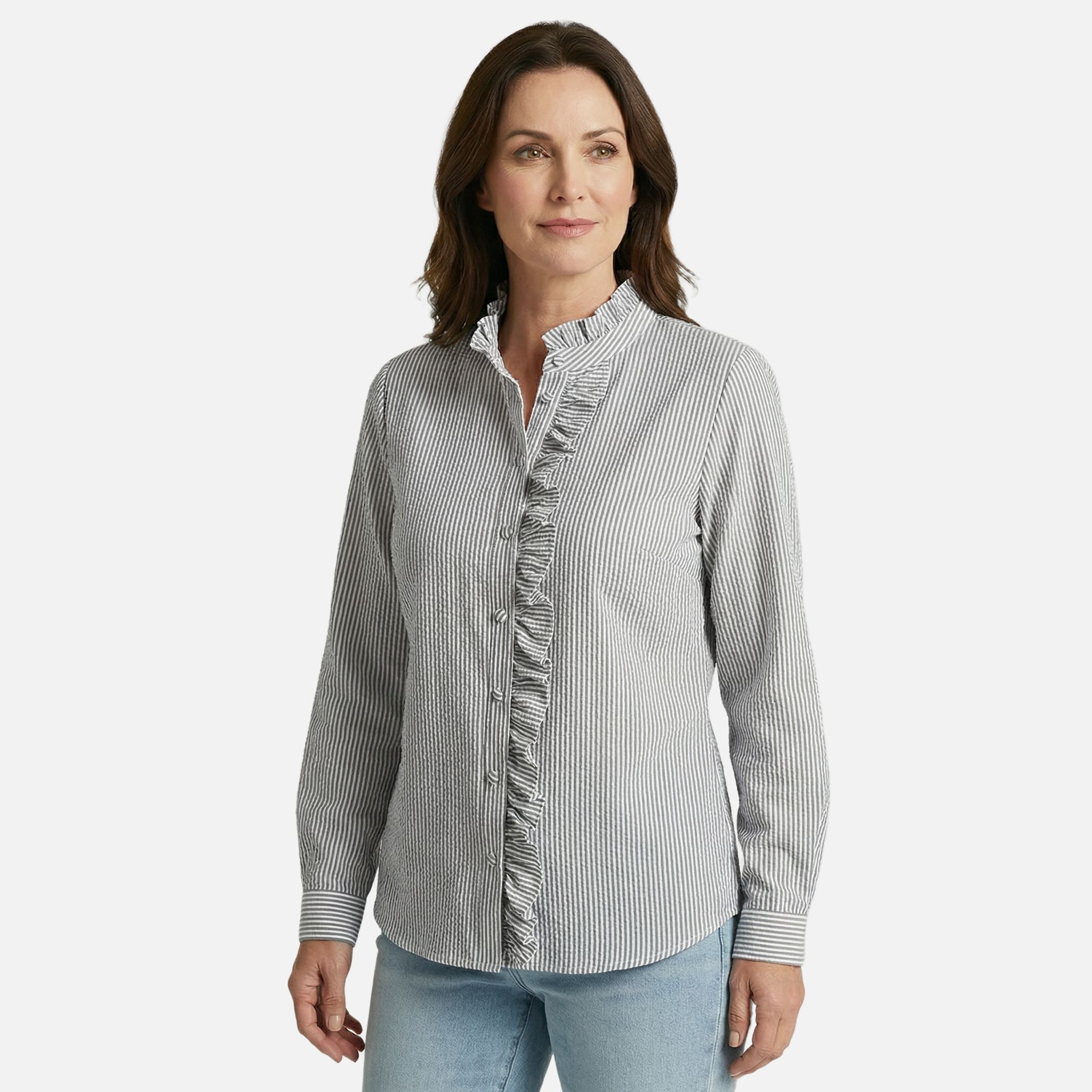 Women's Striped Cotton Seersucker Blouse with Ruffled Trim