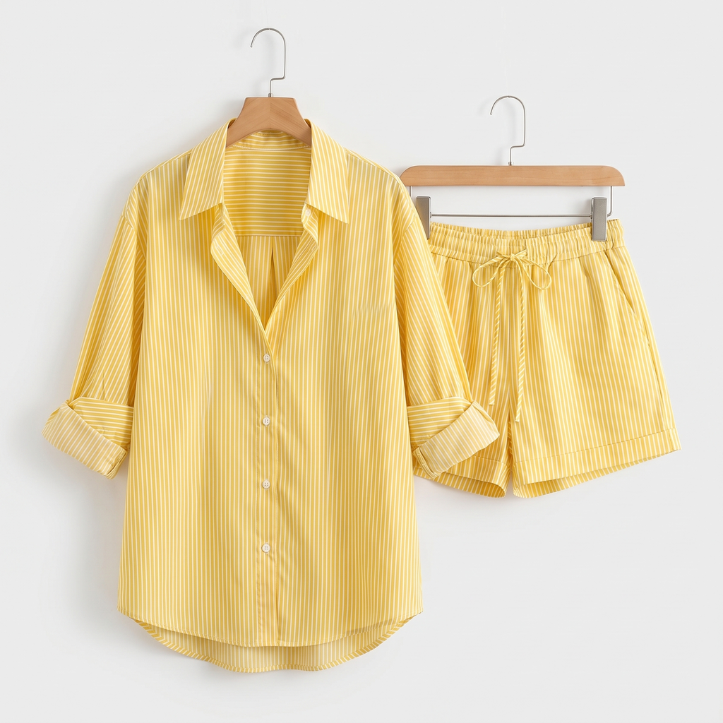 Women's Yellow and White Striped Cotton Shirt and Drawstring Shorts Set