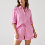 Women's Yellow and White Striped Cotton Shirt and Drawstring Shorts Set