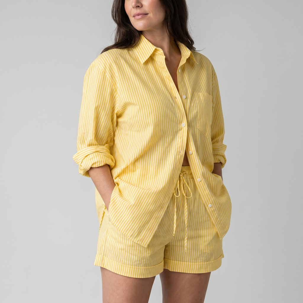 Women's Yellow and White Striped Cotton Shirt and Drawstring Shorts Set
