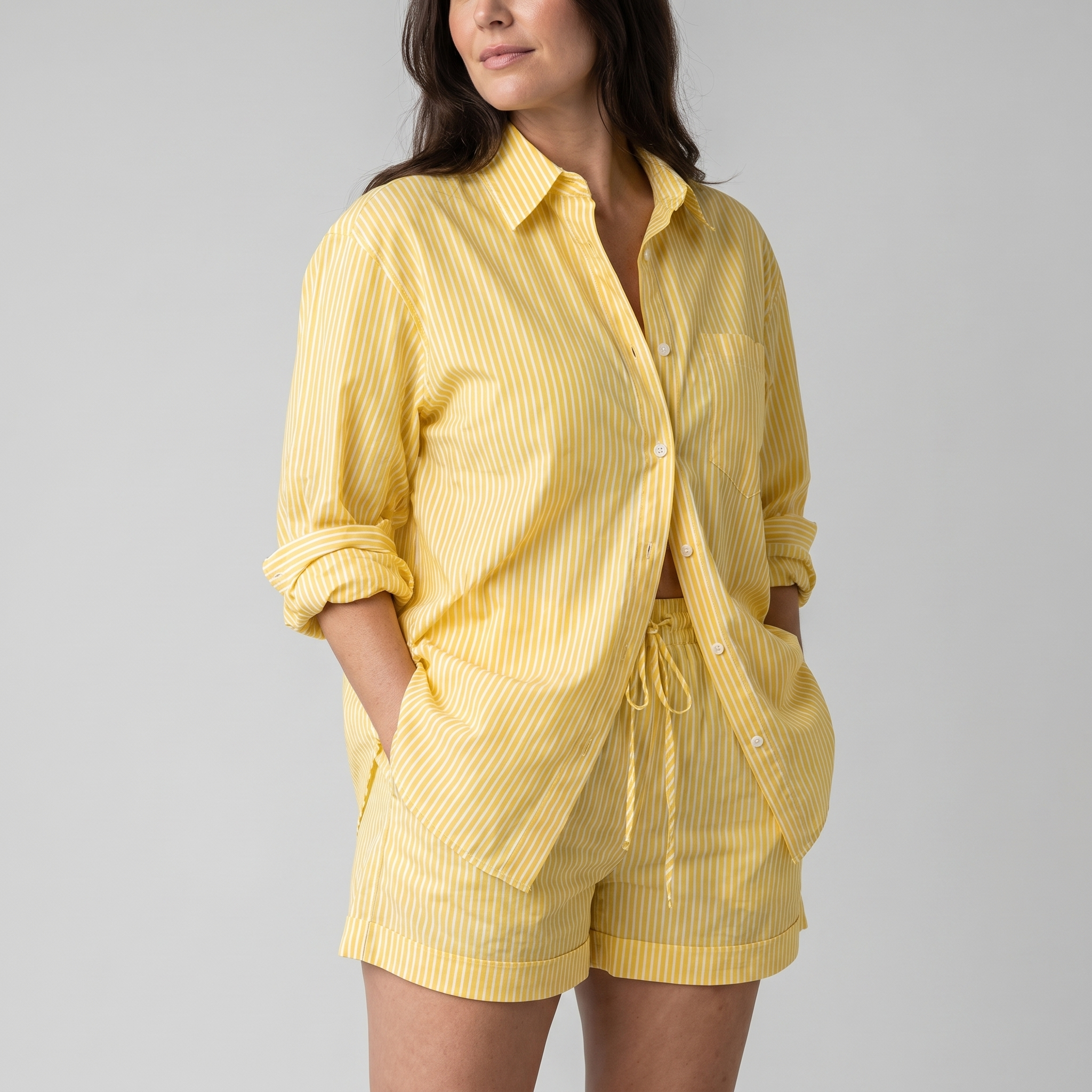 Women's Yellow and White Striped Cotton Shirt and Drawstring Shorts Set