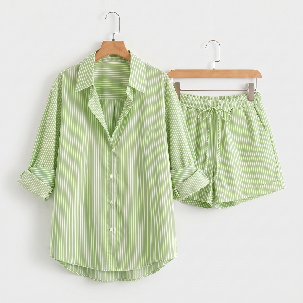 Women's Yellow and White Striped Cotton Shirt and Drawstring Shorts Set