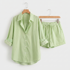 Women's Yellow and White Striped Cotton Shirt and Drawstring Shorts Set