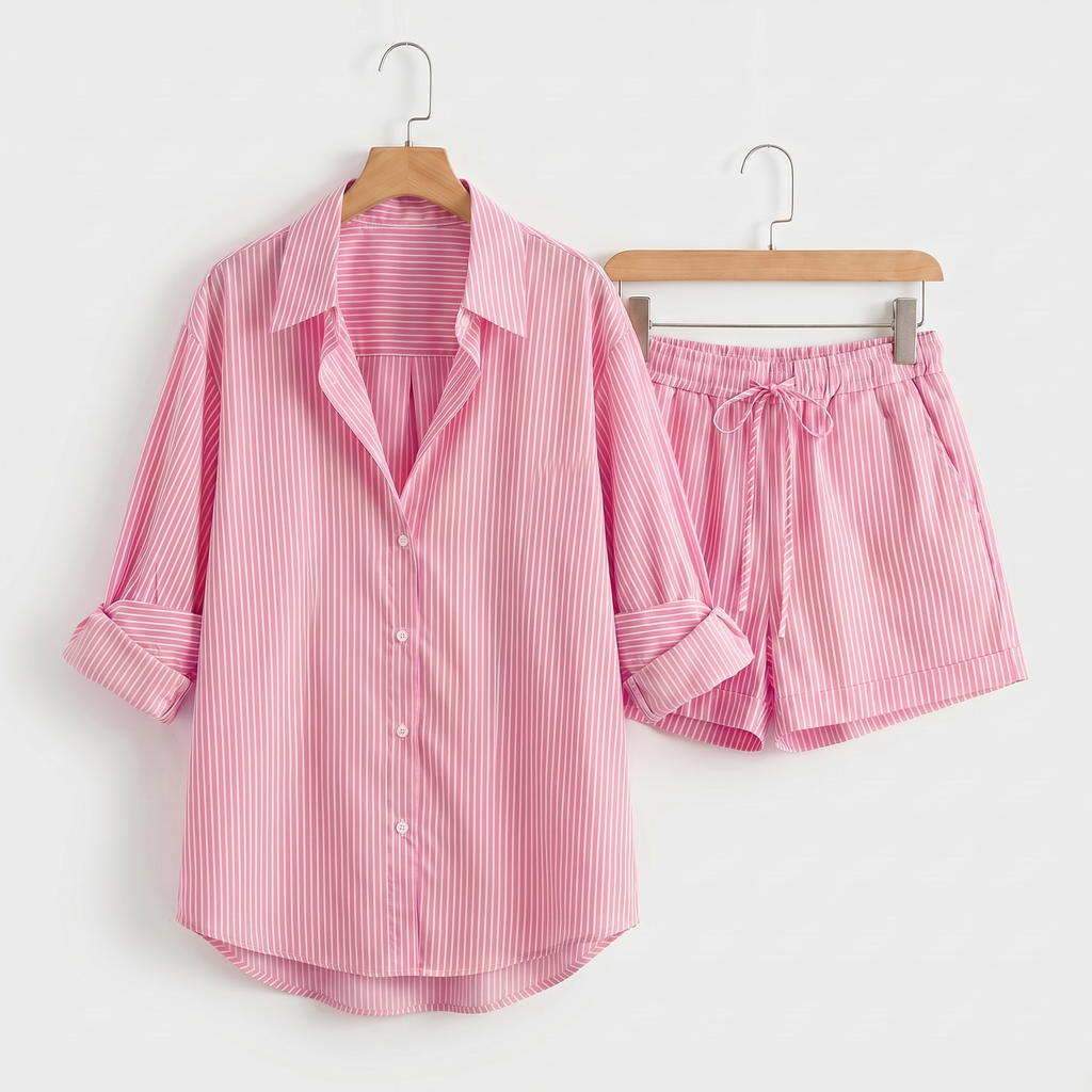 Women's Yellow and White Striped Cotton Shirt and Drawstring Shorts Set