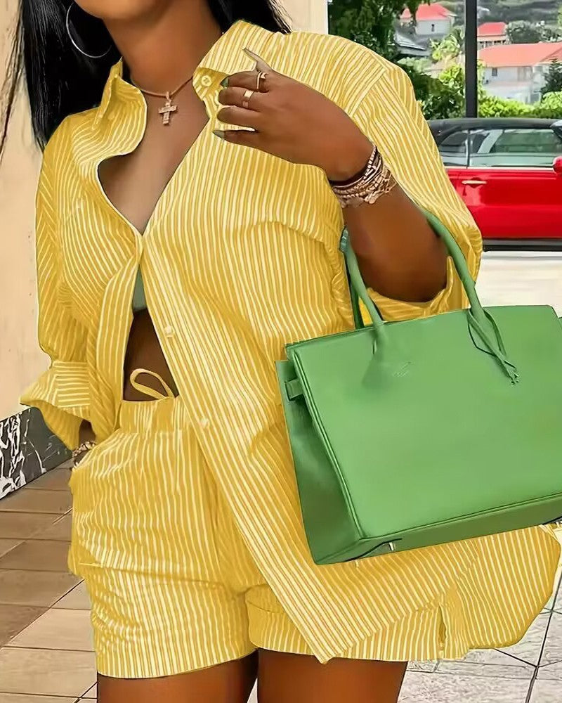 Women's Yellow and White Striped Cotton Shirt and Drawstring Shorts Set