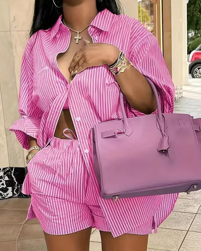 Women's Yellow and White Striped Cotton Shirt and Drawstring Shorts Set