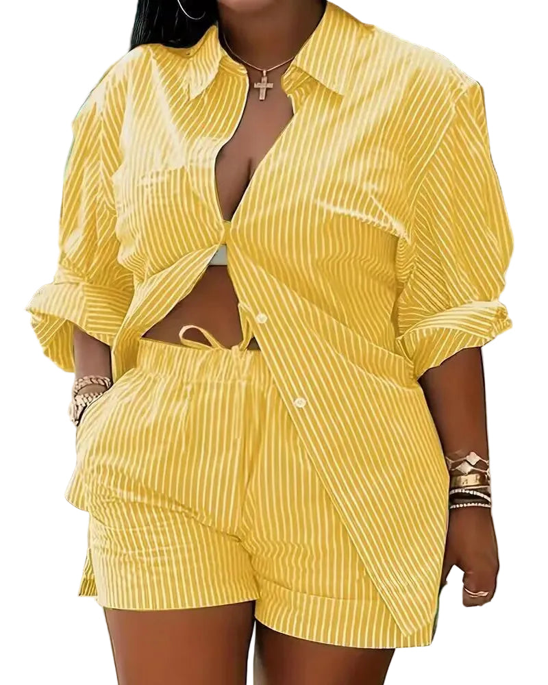 Women's Yellow and White Striped Cotton Shirt and Drawstring Shorts Set