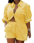 Women's Yellow and White Striped Cotton Shirt and Drawstring Shorts Set