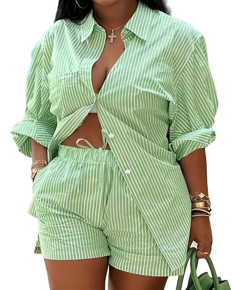 Women's Yellow and White Striped Cotton Shirt and Drawstring Shorts Set