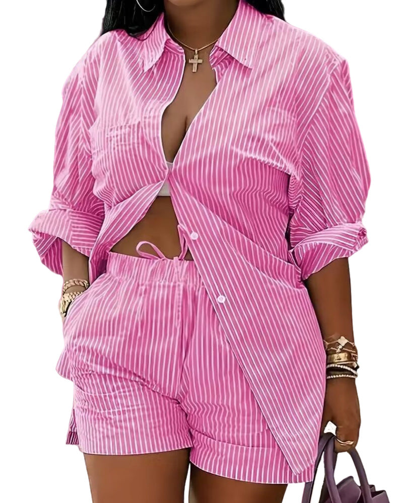 Women's Yellow and White Striped Cotton Shirt and Drawstring Shorts Set