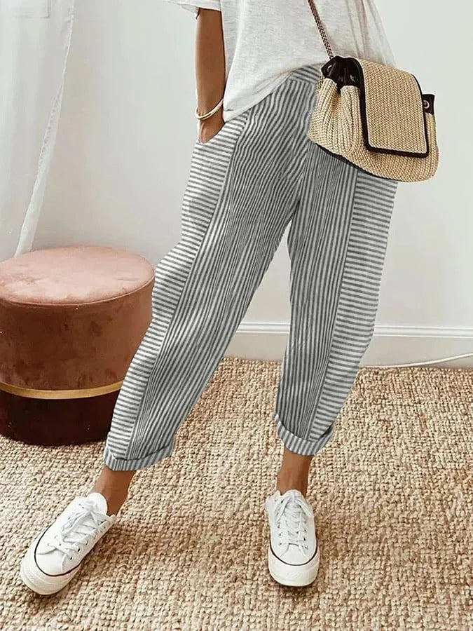 Women's Tapered Striped Pants with Rolled Cuffs