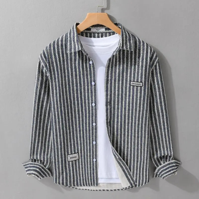 Men's Striped Button-Down Layered Shirt with Long Sleeves