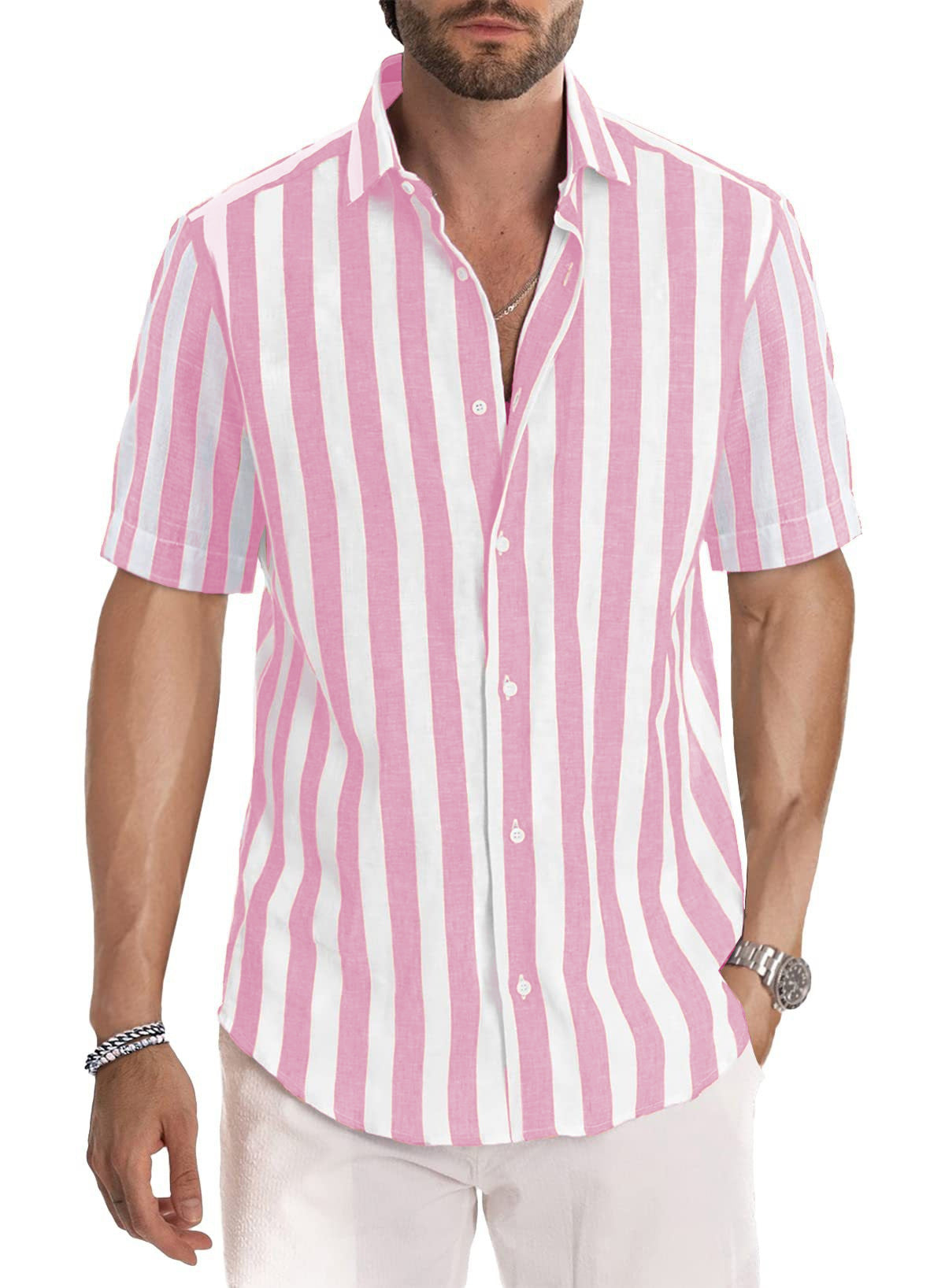 Men's Striped Linen Shirt with Point Collar
