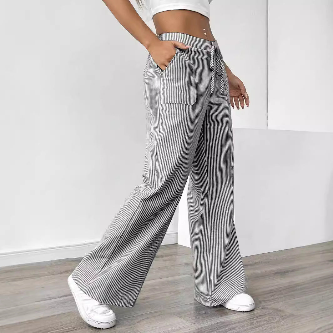 Women's Relaxed Wide Leg Striped Pants with Drawstring Waist