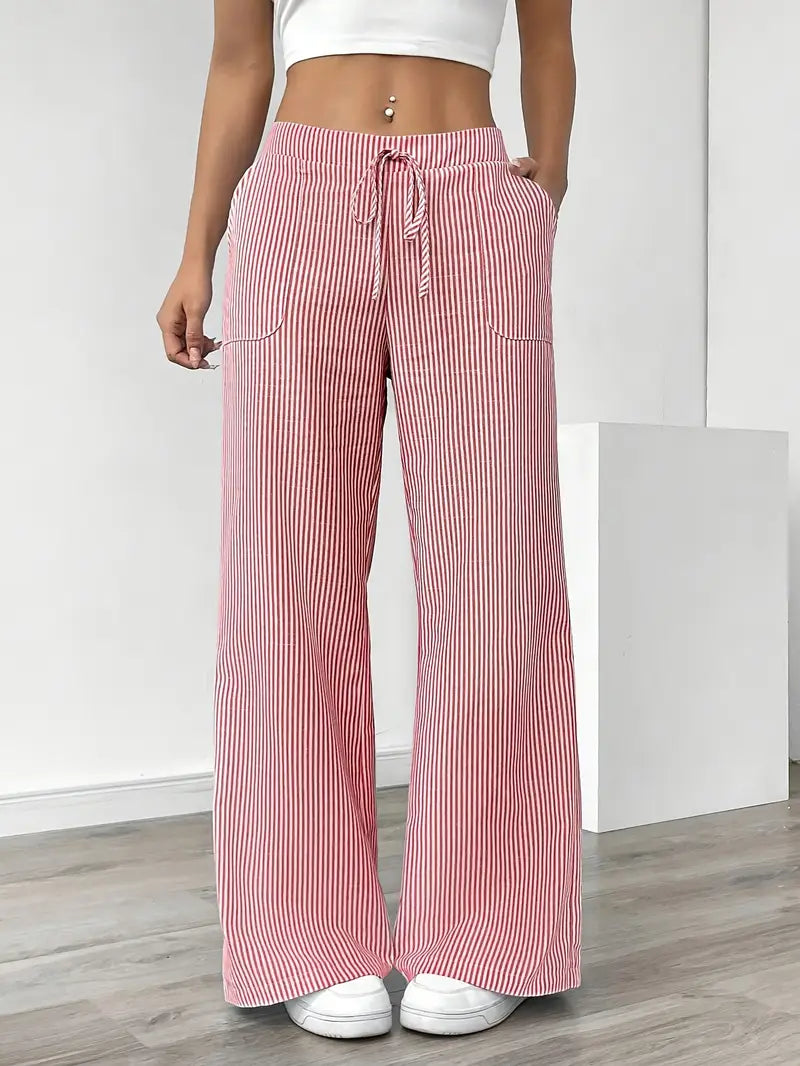 Women's Relaxed Wide Leg Striped Pants with Drawstring Waist