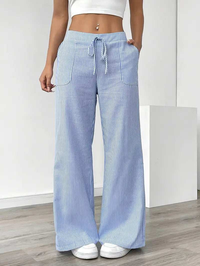 Women's Relaxed Wide Leg Striped Pants with Drawstring Waist