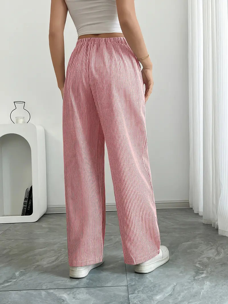 Women's Relaxed Wide Leg Striped Pants with Drawstring Waist