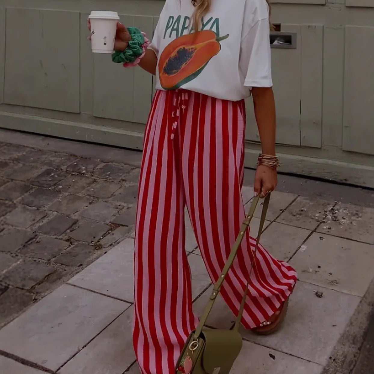 Women's Relaxed Wide-Leg Pants with Red and Pink Stripes