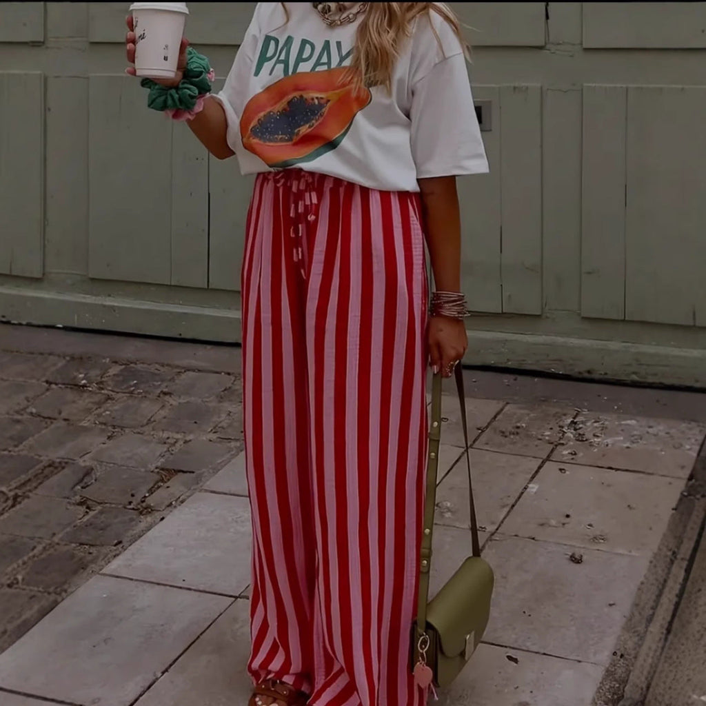 Women's Relaxed Wide-Leg Pants with Red and Pink Stripes