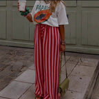 Women's Relaxed Wide-Leg Pants with Red and Pink Stripes