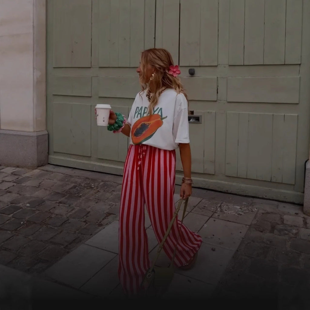 Women's Relaxed Wide-Leg Pants with Red and Pink Stripes