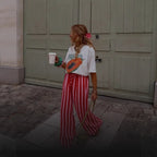 Women's Relaxed Wide-Leg Pants with Red and Pink Stripes
