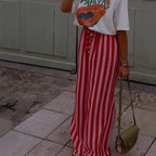 Women's Relaxed Wide-Leg Pants with Red and Pink Stripes