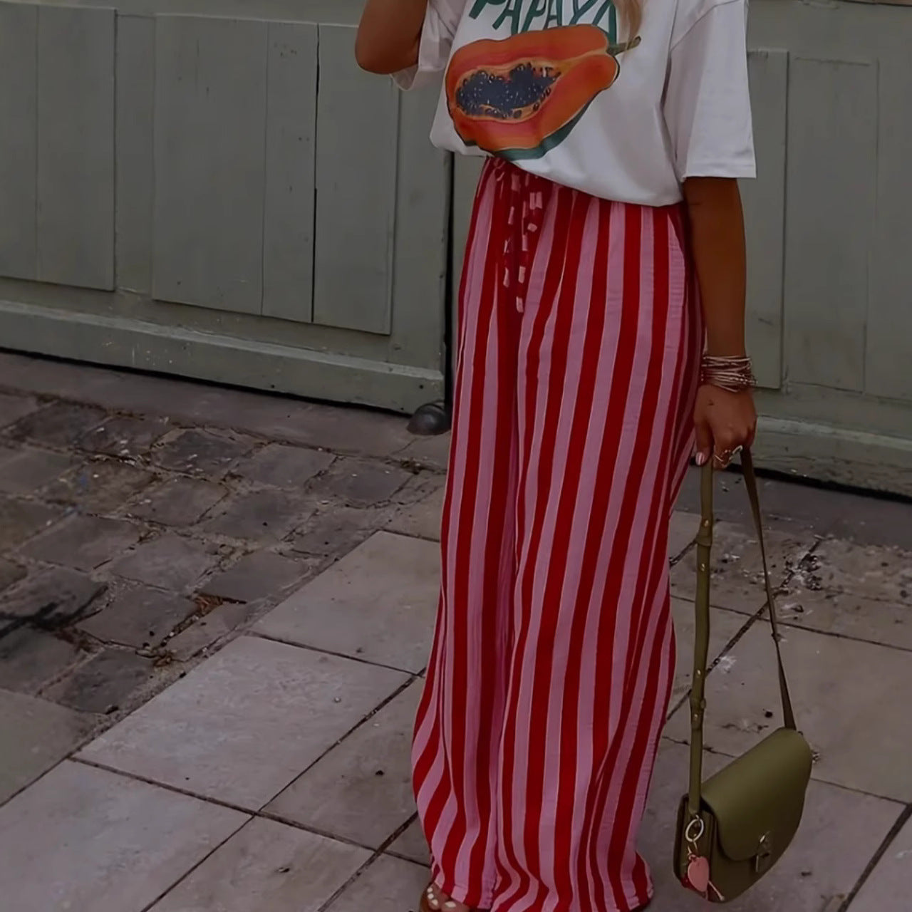 Women's Relaxed Wide-Leg Pants with Red and Pink Stripes