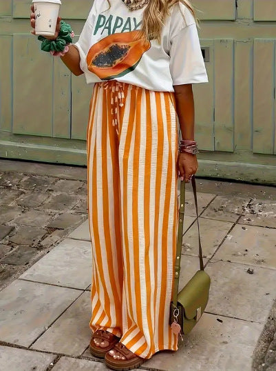 Women's Relaxed Wide-Leg Pants with Red and Pink Stripes