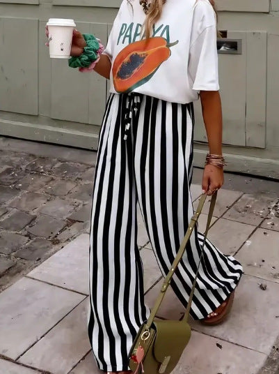 Women's Relaxed Wide-Leg Pants with Red and Pink Stripes