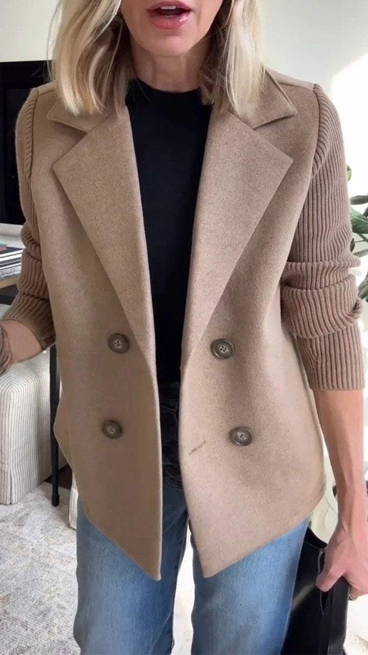 Women's Soft Pink Structured Blazer with Knit Sleeves