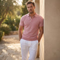 Men's Checkered Knit Polo Shirt with Short Sleeves
