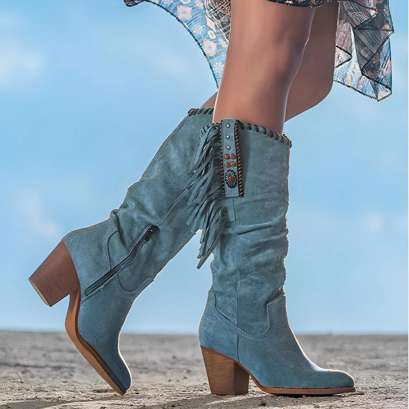 Women's Suede Cowboy Boots with Fringe Detail
