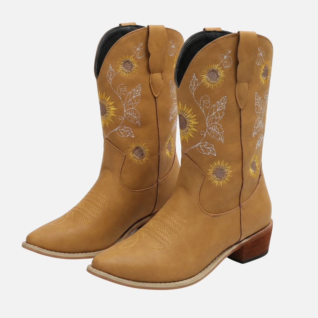 Women's Western Boots with Sunflower Embroidery
