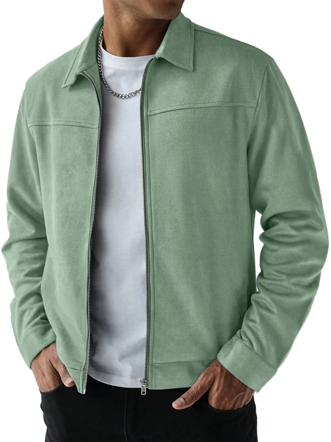 Men's Muted Teal Suede-Finish Bomber Jacket with Side Pockets