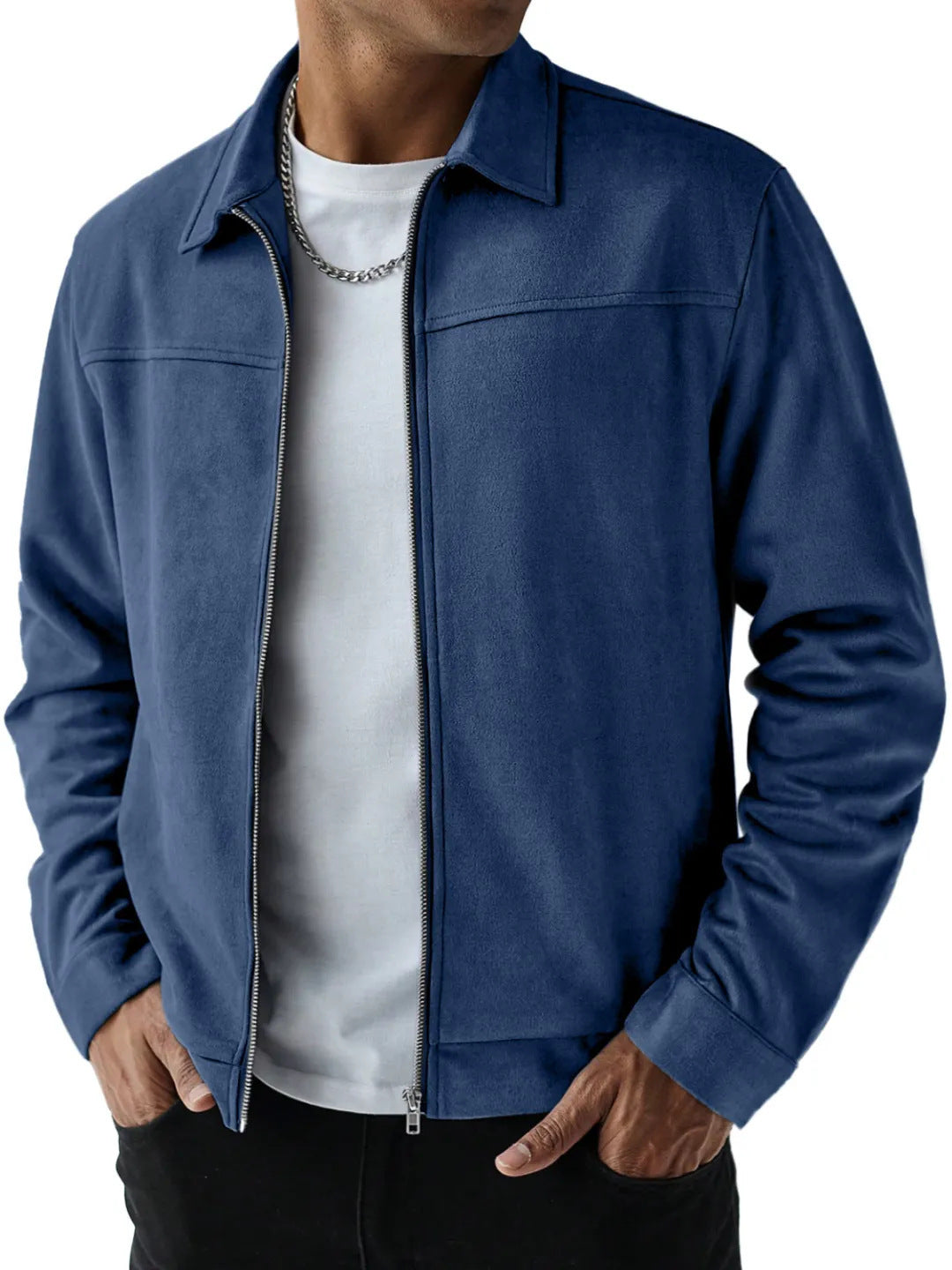 Men's Muted Teal Suede-Finish Bomber Jacket with Side Pockets