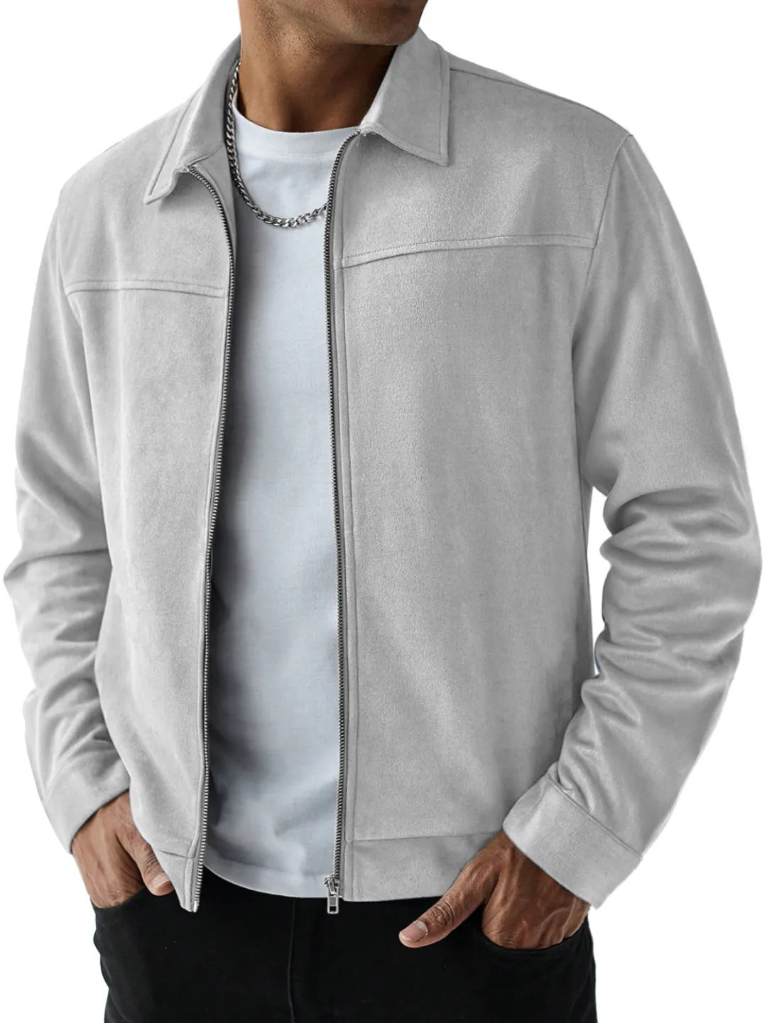 Men's Muted Teal Suede-Finish Bomber Jacket with Side Pockets