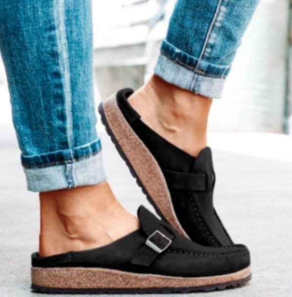 Women's Rust Suede-Finish Clog Sandals with Decorative Buckle