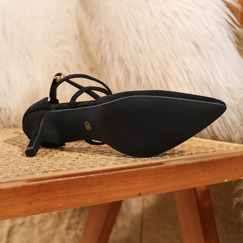 Women's Suede Pointed Toe Heels with Cross-Strap Buckle