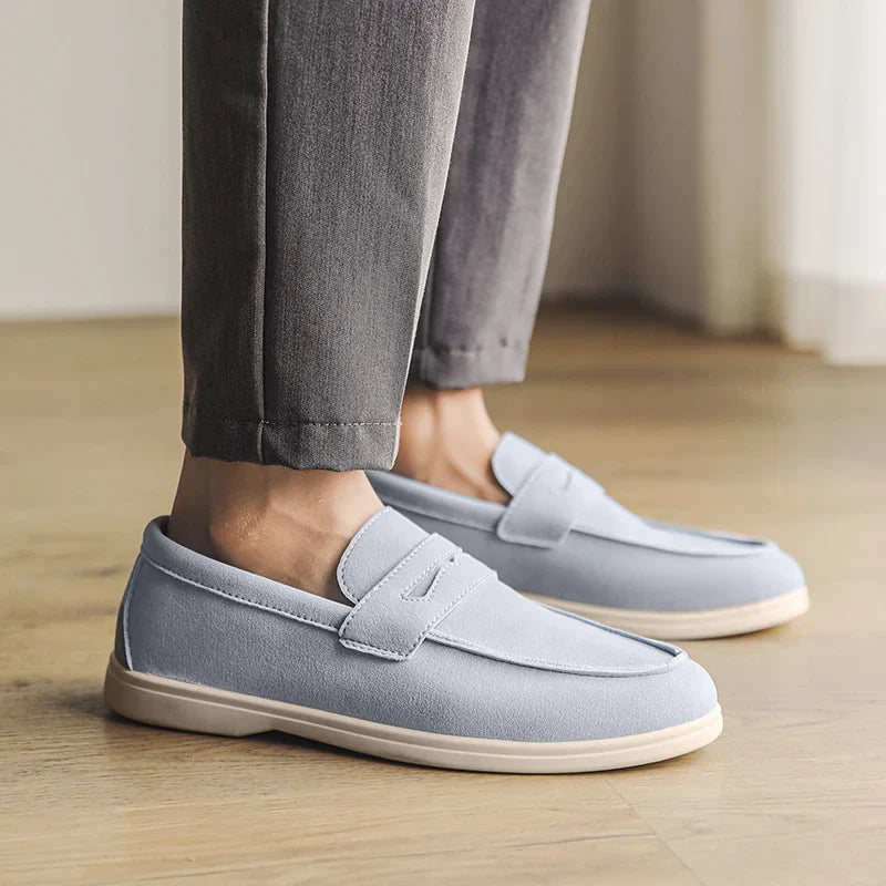 Men's Soft Blue Suede Slip-On Loafers with Moccasin Stitching