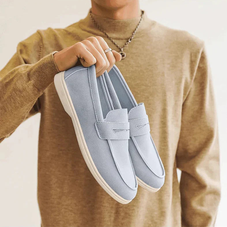 Men's Soft Blue Suede Slip-On Loafers with Moccasin Stitching