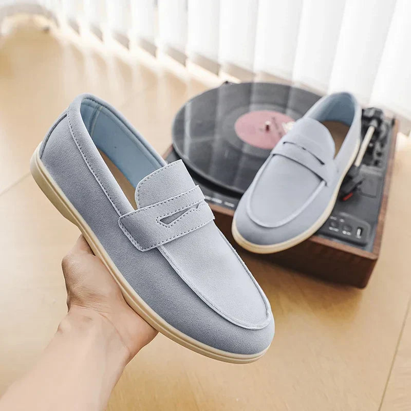 Men's Soft Blue Suede Slip-On Loafers with Moccasin Stitching