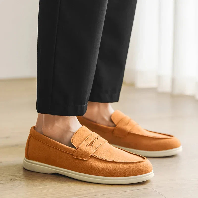 Men's Soft Blue Suede Slip-On Loafers with Moccasin Stitching