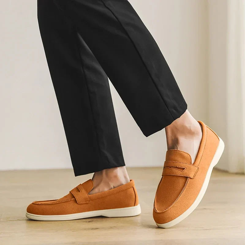 Men's Soft Blue Suede Slip-On Loafers with Moccasin Stitching