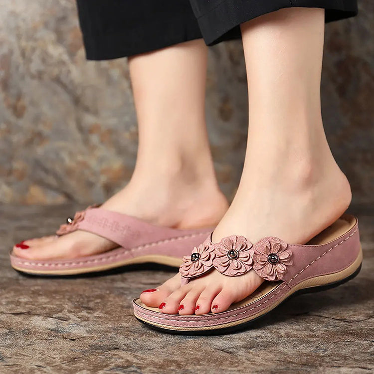 Women's Suede Wedge Sandals with Floral Details