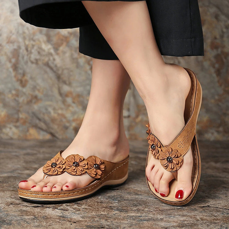Women's Suede Wedge Sandals with Floral Details