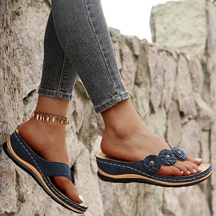 Women's Suede Wedge Sandals with Floral Details