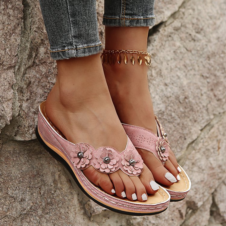 Women's Suede Wedge Sandals with Floral Details