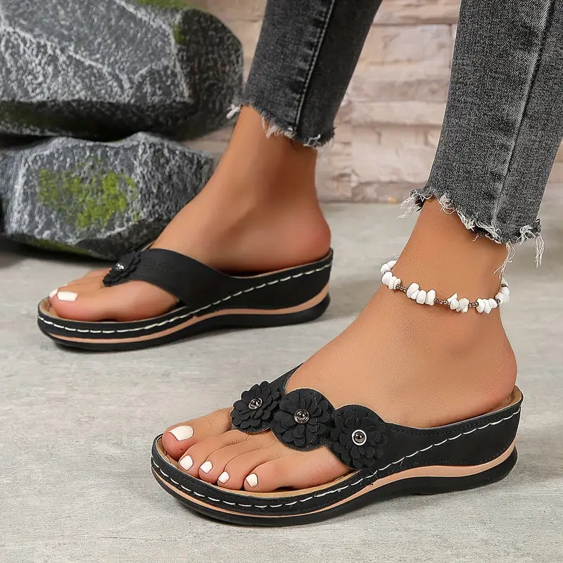 Women's Suede Wedge Sandals with Floral Details
